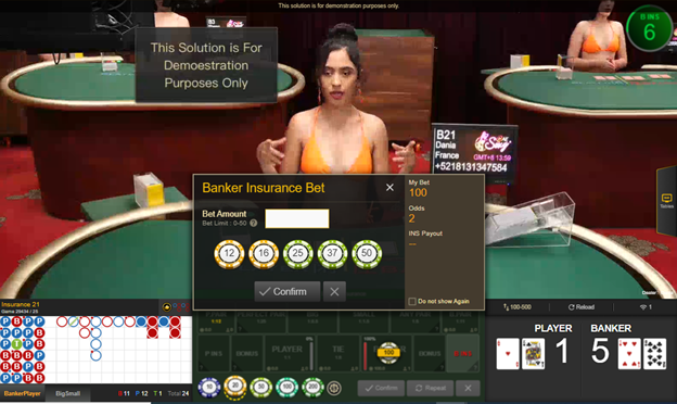 AE Sexy's demo game of sexy insurance baccarat, featuring the banker insurance bet.