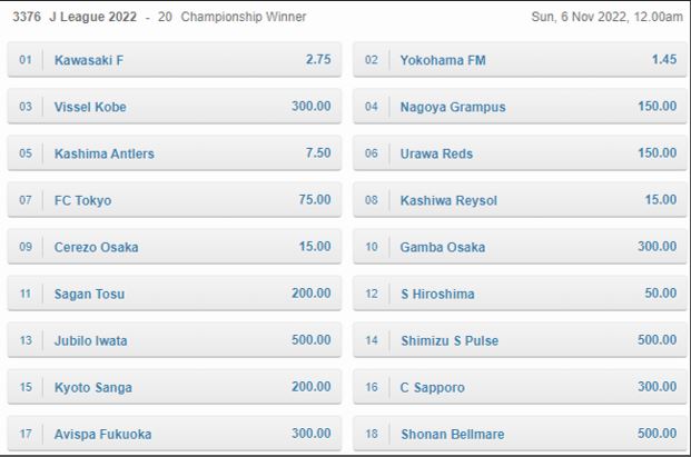 The current Singapore Pools odds for J. League 2022 outright winner